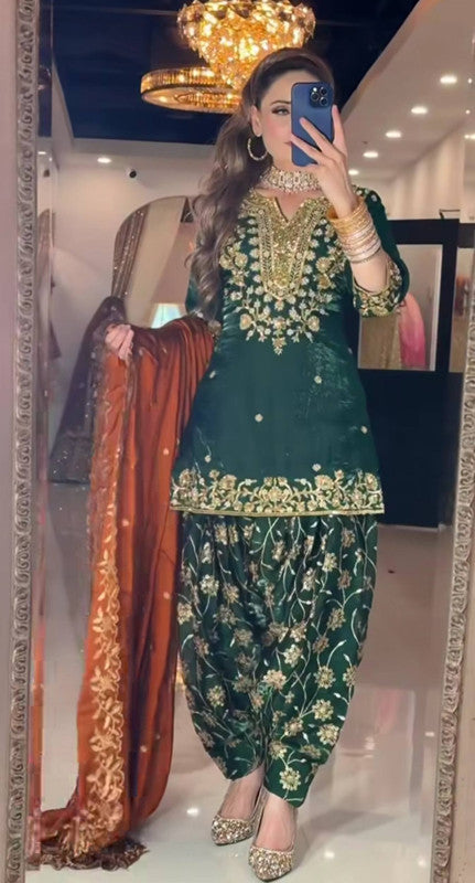 WOMEN GREEN CHINON SILK EMBROIDERY PARTY WEAR SUIT SET