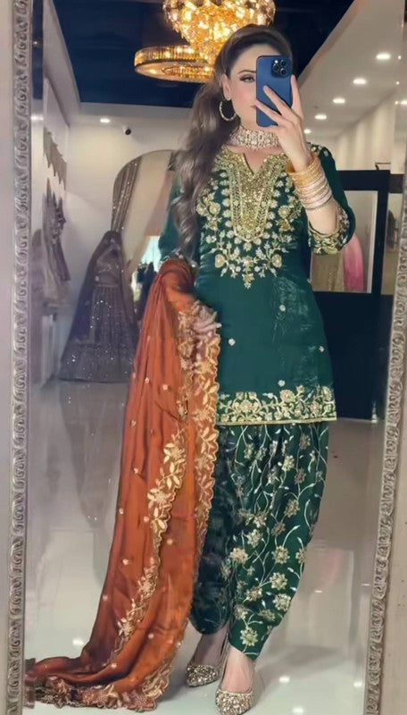 WOMEN GREEN CHINON SILK EMBROIDERY PARTY WEAR SUIT SET