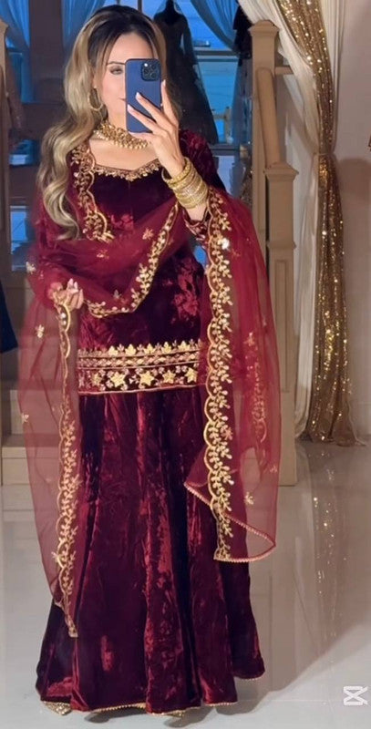 WOMEN MAROON VISCOS VELVET EMBROIDERY PARTY WEAR SUIT SET