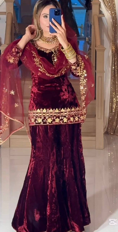 WOMEN MAROON VISCOS VELVET EMBROIDERY PARTY WEAR SUIT SET