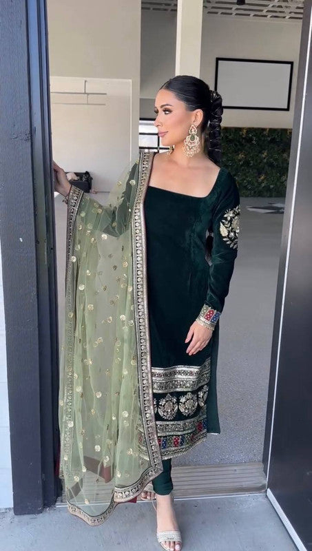 WOMEN GREEN Pure Heavy Viscous Velvet Embroidery SUIT SET