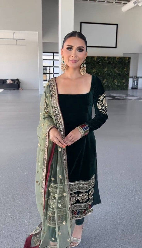 WOMEN GREEN Pure Heavy Viscous Velvet Embroidery SUIT SET
