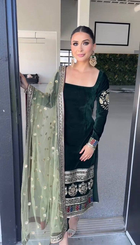 WOMEN GREEN Pure Heavy Viscous Velvet Embroidery SUIT SET