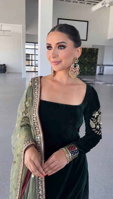 WOMEN GREEN Pure Heavy Viscous Velvet Embroidery SUIT SET