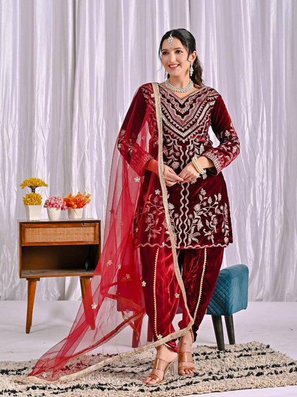 WOMEN MAROON VISCOS VELVET EMBROIDERY PARTY WEAR SUIT SET