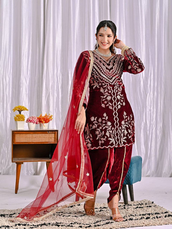 WOMEN MAROON VISCOS VELVET EMBROIDERY PARTY WEAR SUIT SET