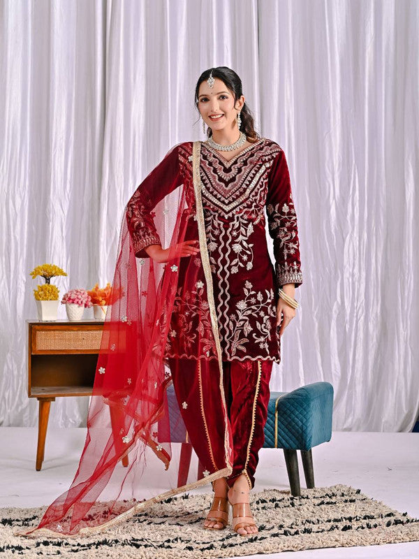 WOMEN MAROON VISCOS VELVET EMBROIDERY PARTY WEAR SUIT SET