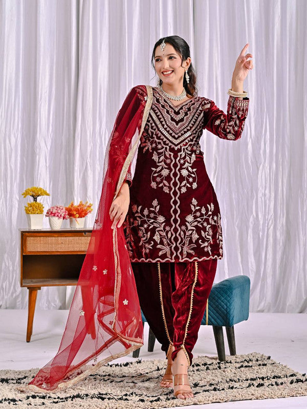 WOMEN MAROON VISCOS VELVET EMBROIDERY PARTY WEAR SUIT SET