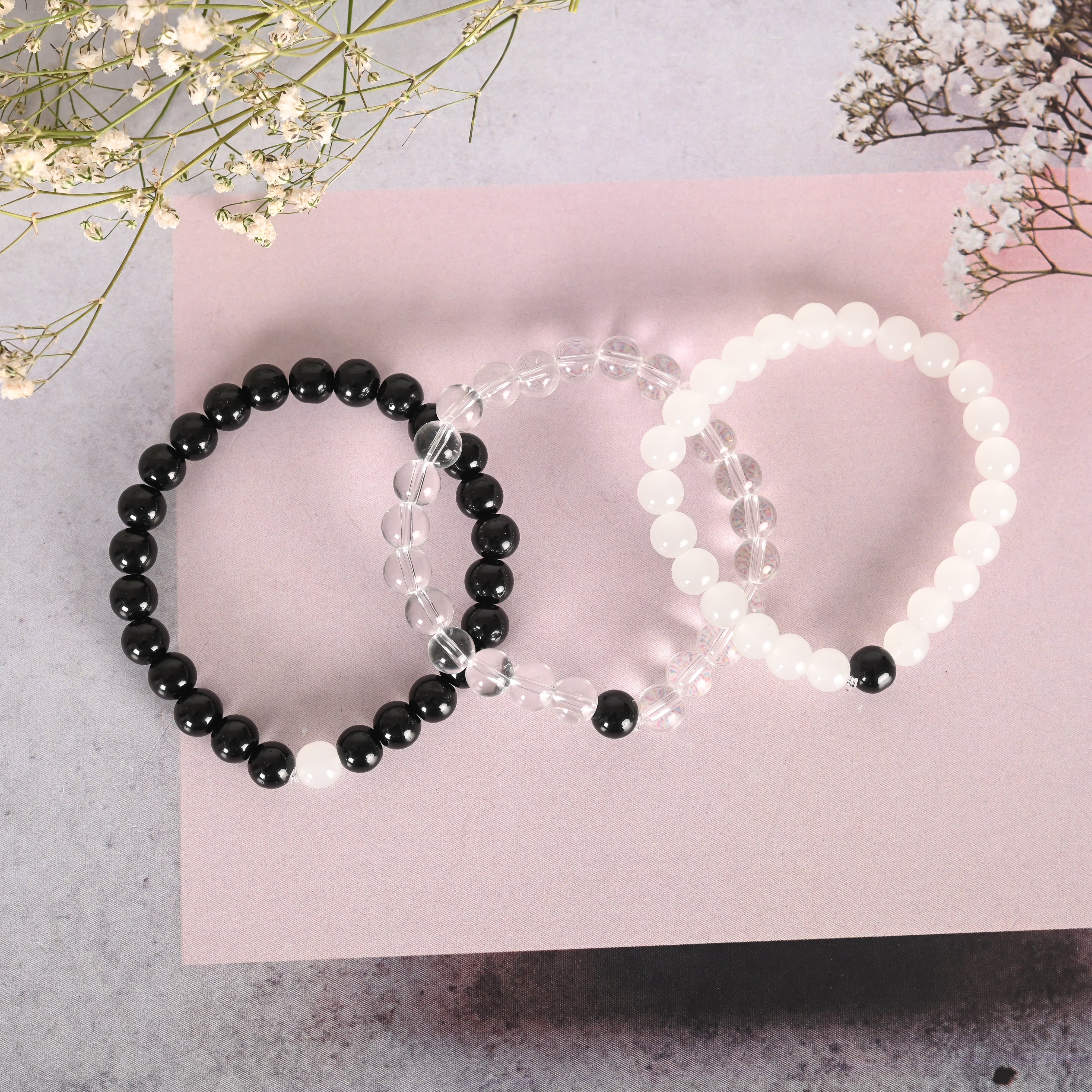 Unisex Transparent & White & Black Marbel Crystal Elasticated Bracelet