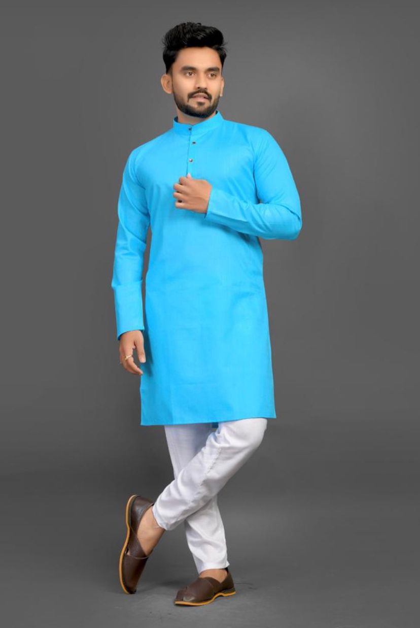 Men Solid Cotton Blend Straight Kurta  (Sky)