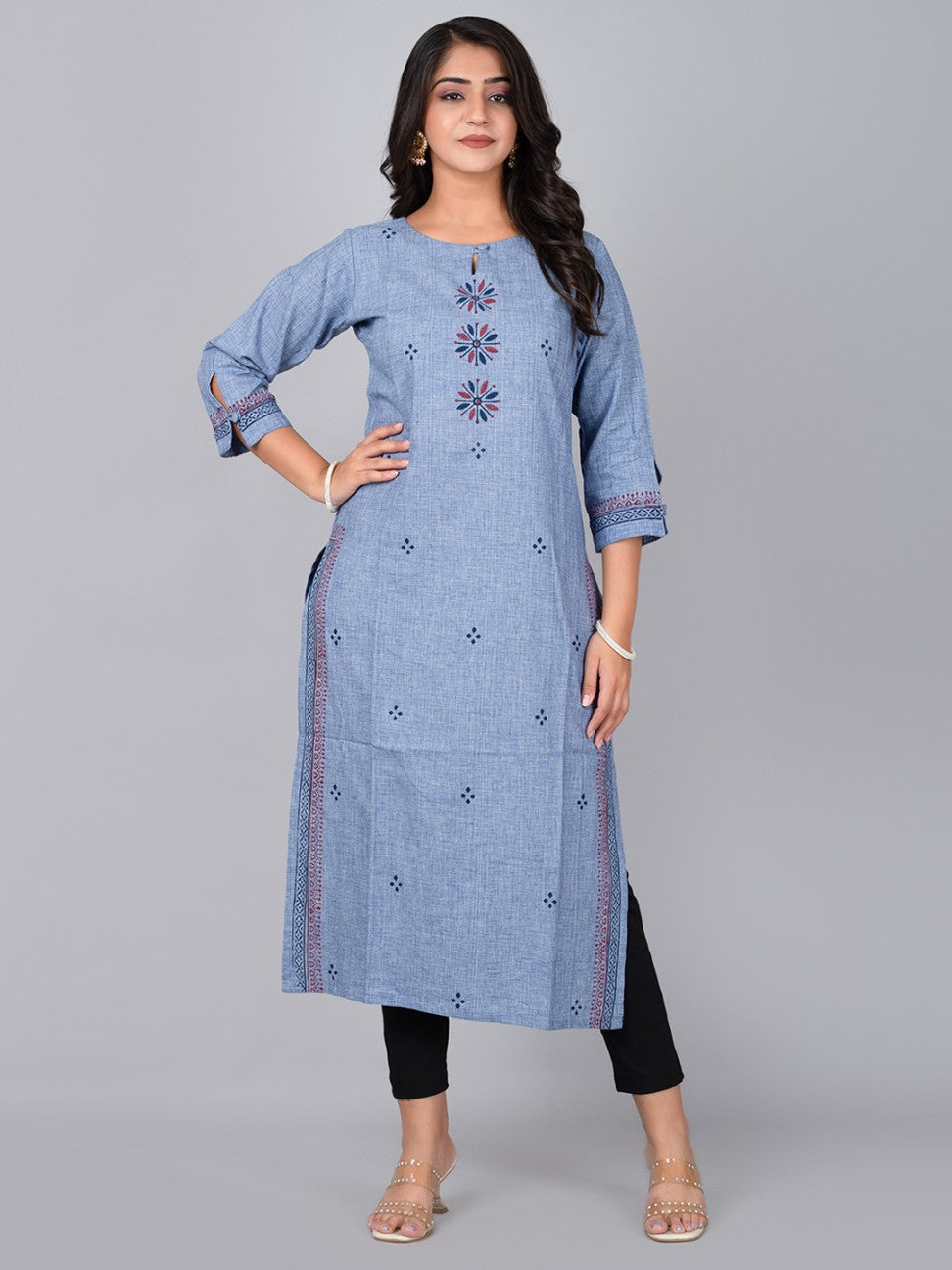 Women Blue Straight Kurta With Block Print