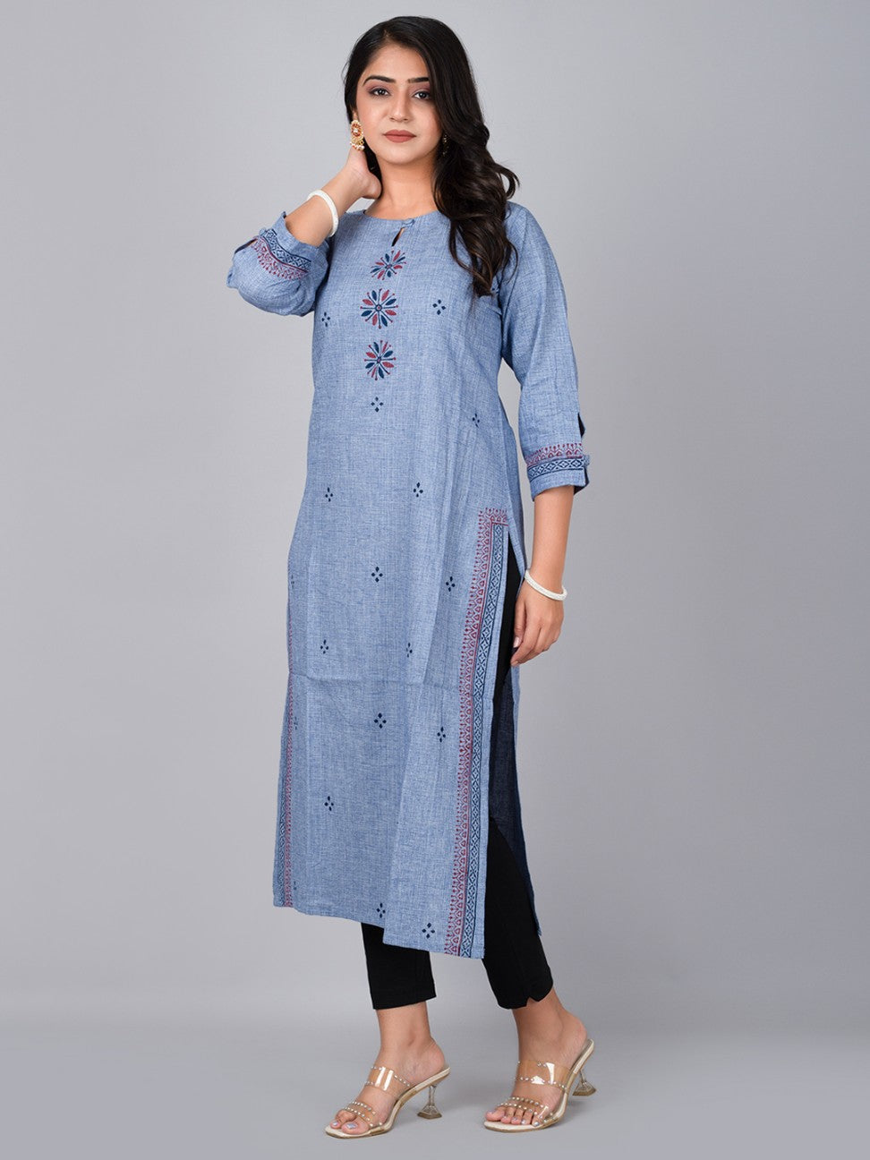 Women Blue Straight Kurta With Block Print