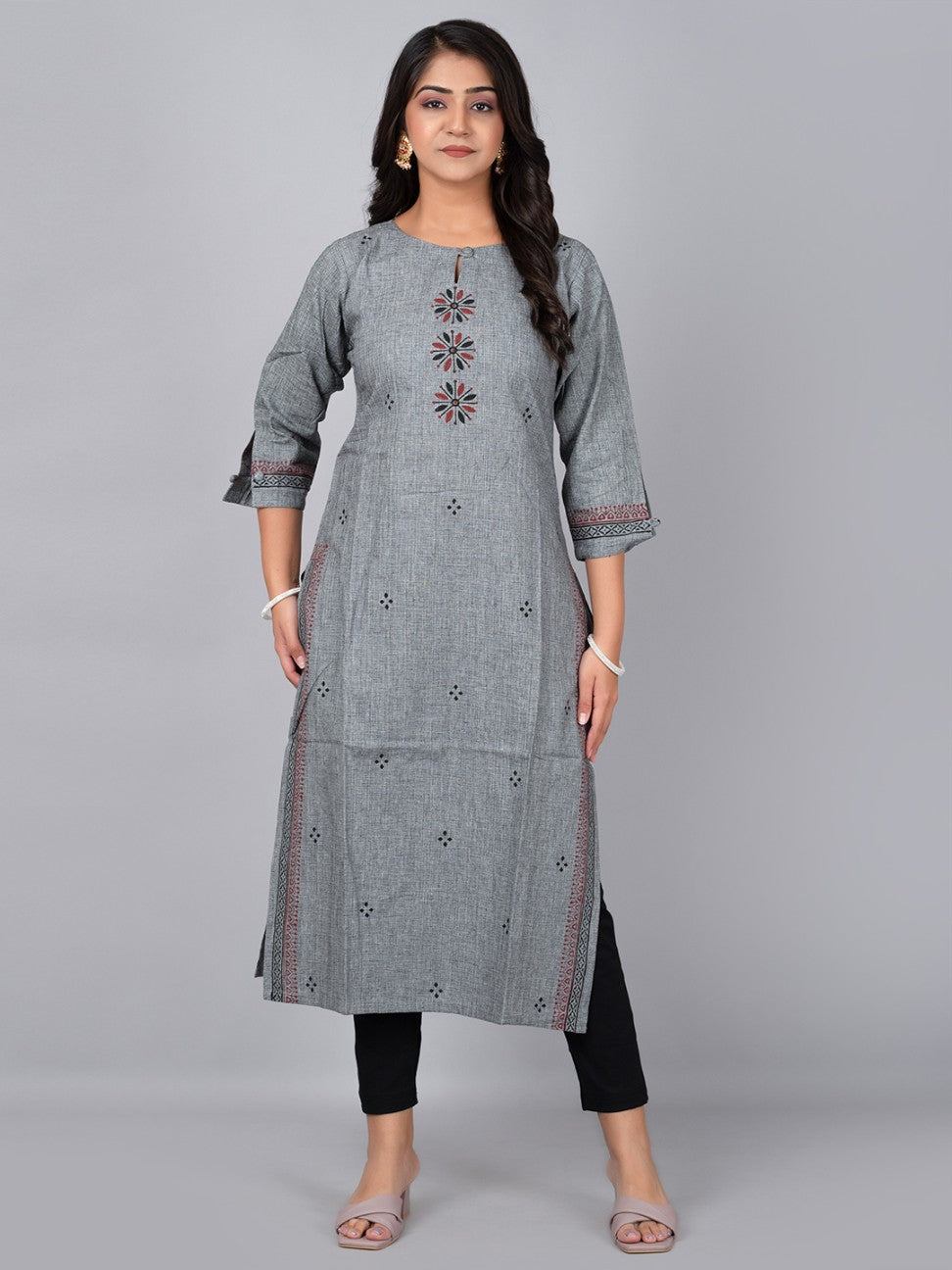 Women Grey Straight Kurta With Block Print