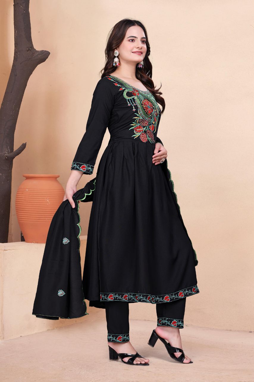 Women Black Vichitra Silk Embroidered Salwar Suit