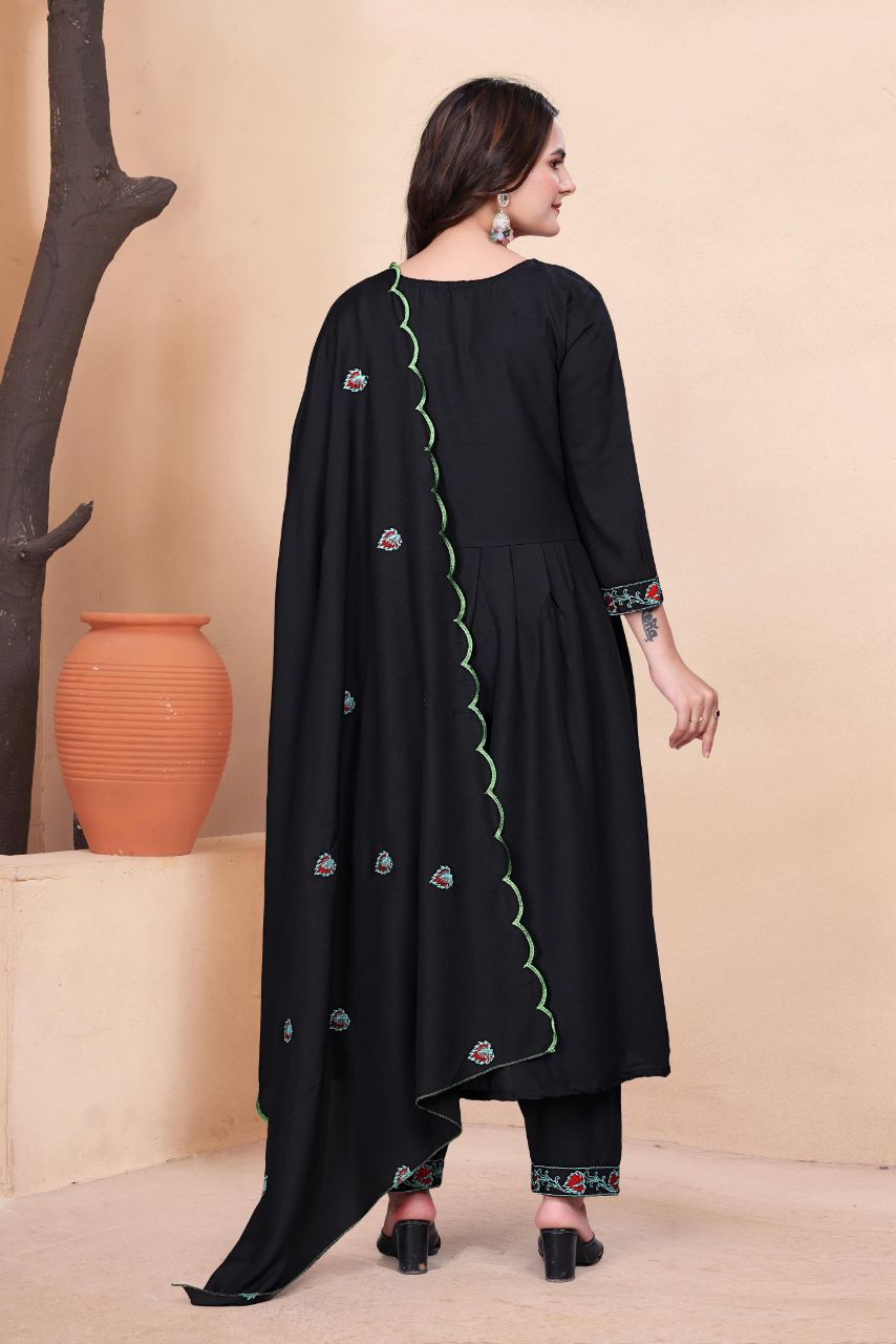 Women Black Vichitra Silk Embroidered Salwar Suit
