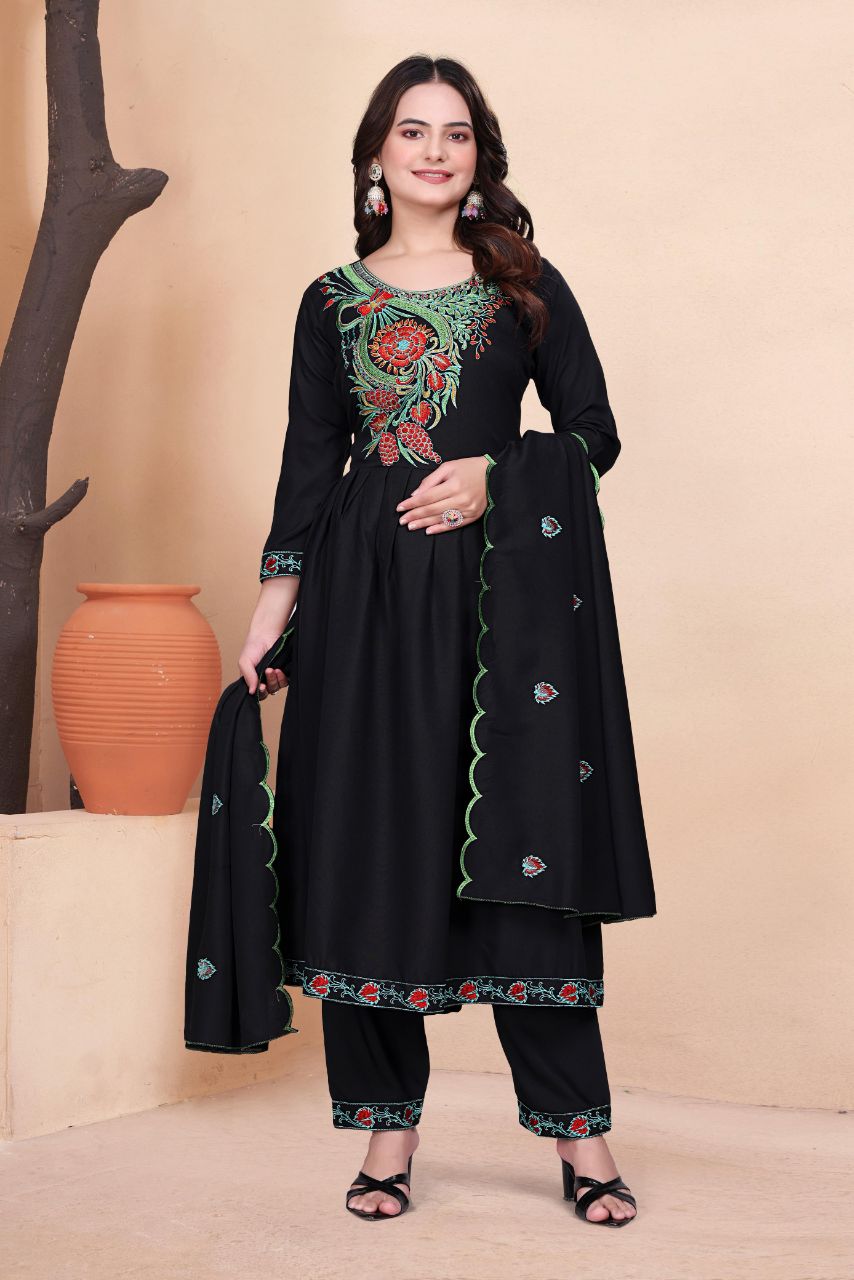 Women Black Vichitra Silk Embroidered Salwar Suit