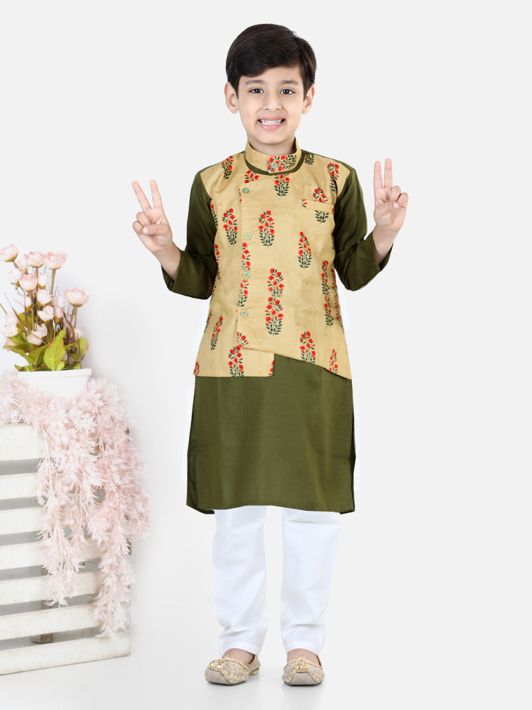 Printed Attached Jacket Cotton Kurta Pajama for Boys- Green NOZ2TOZ - Made In INDIA.
