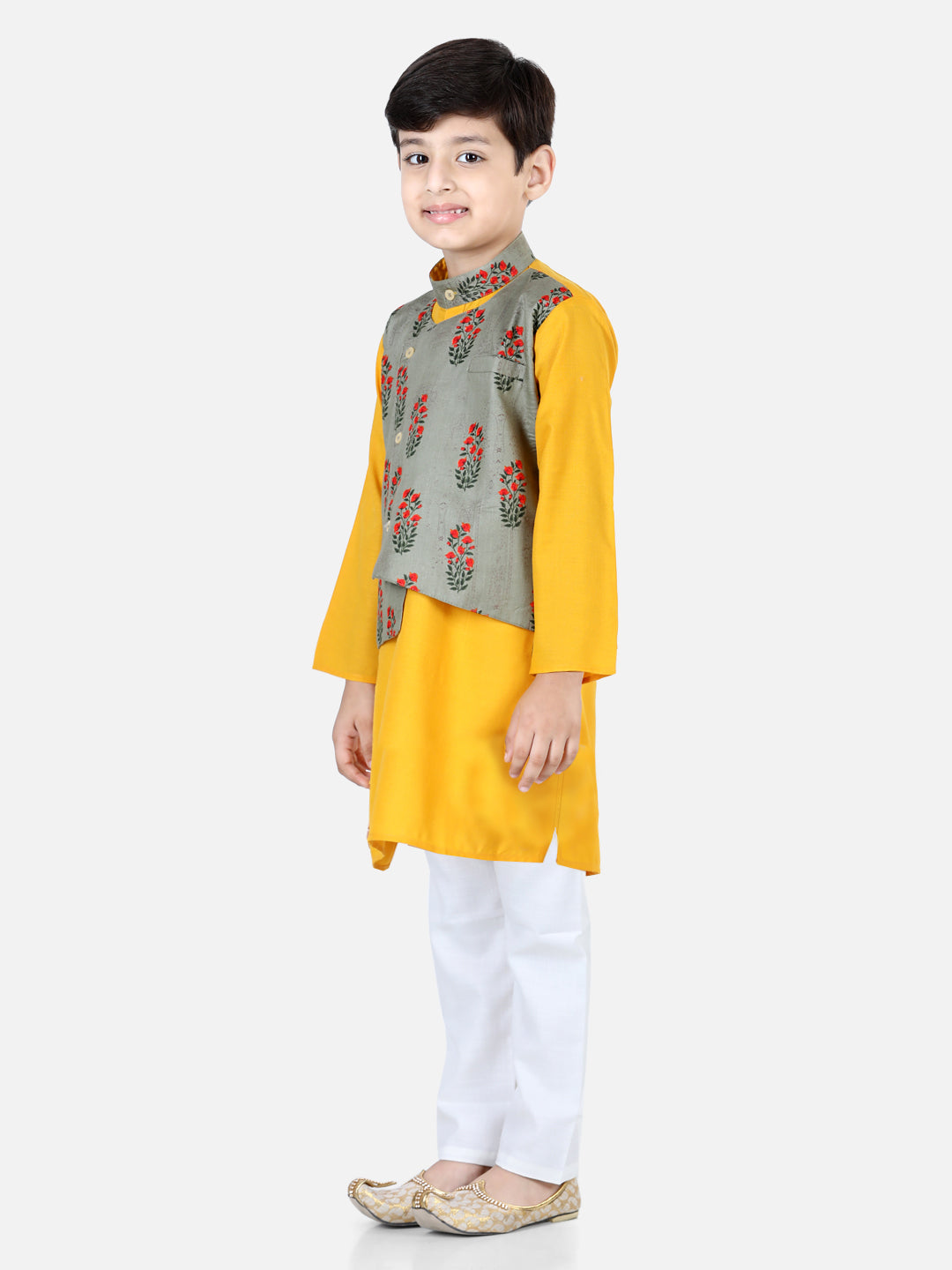 Printed Attached Jacket Cotton Kurta Pajama for Boys- Grey NOZ2TOZ - Made In INDIA.