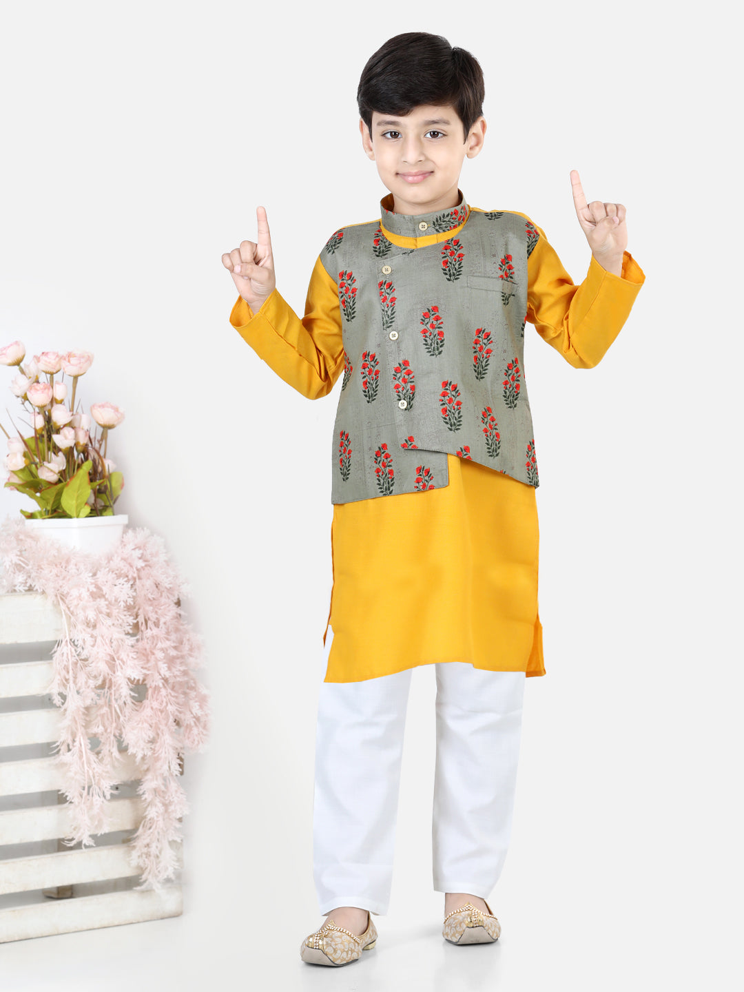 Printed Attached Jacket Cotton Kurta Pajama for Boys- Grey NOZ2TOZ - Made In INDIA.