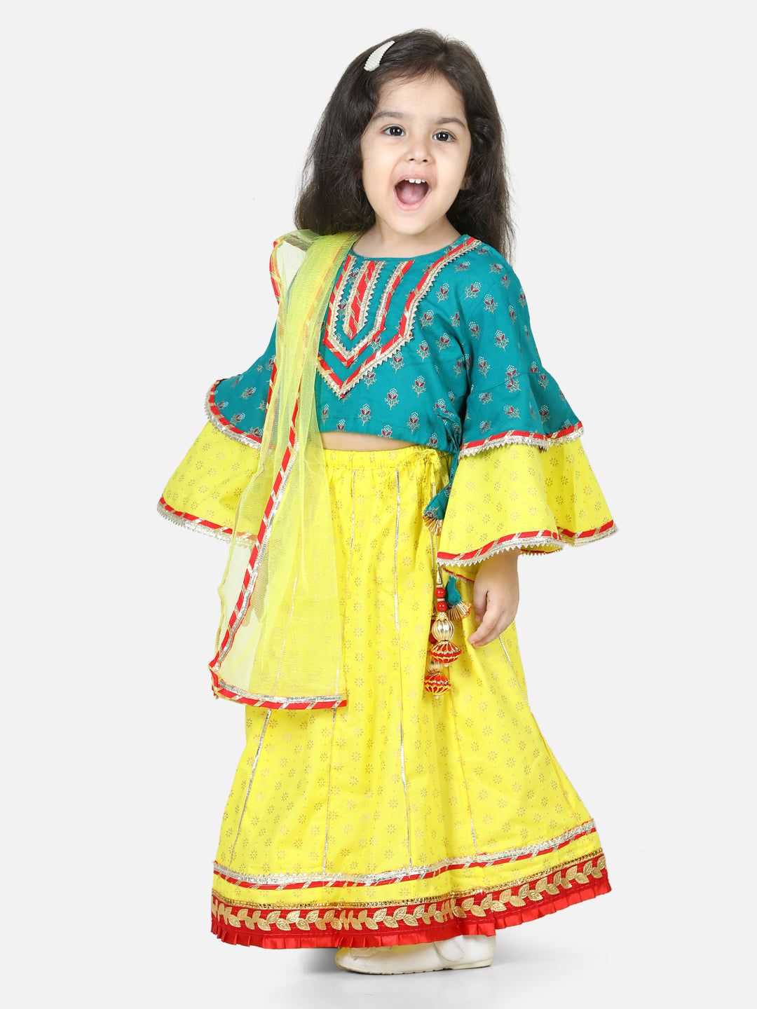 Printed Cotton Frill Sleeves Top with Lehenga for Girls- Green NOZ2TOZ - Made In INDIA.