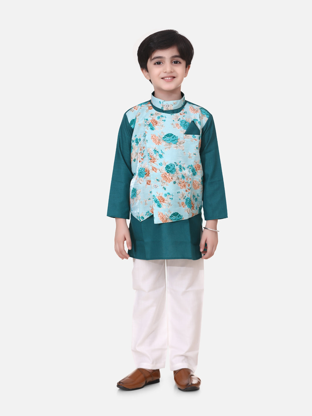 Attached Floral print Jacket Cotton Kurta Pajama For Boys-Green NOZ2TOZ - Made In INDIA.
