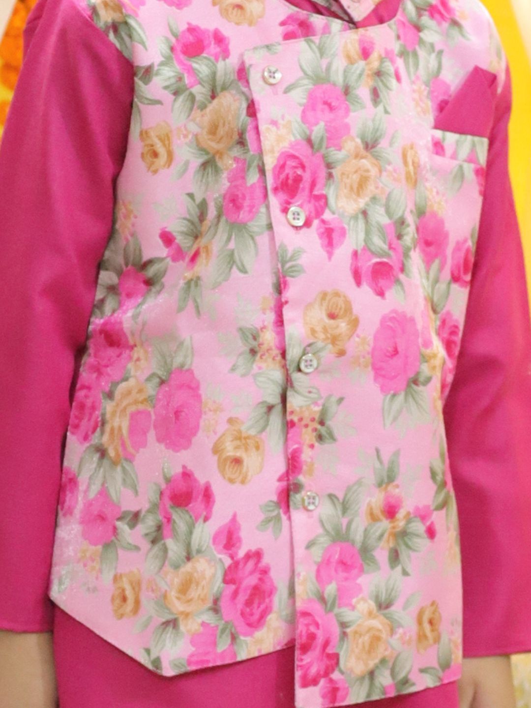 Boys Ethnic Attached Floral printed Jacket Cotton Kurta Pajama -Pink NOZ2TOZ - Made In INDIA.