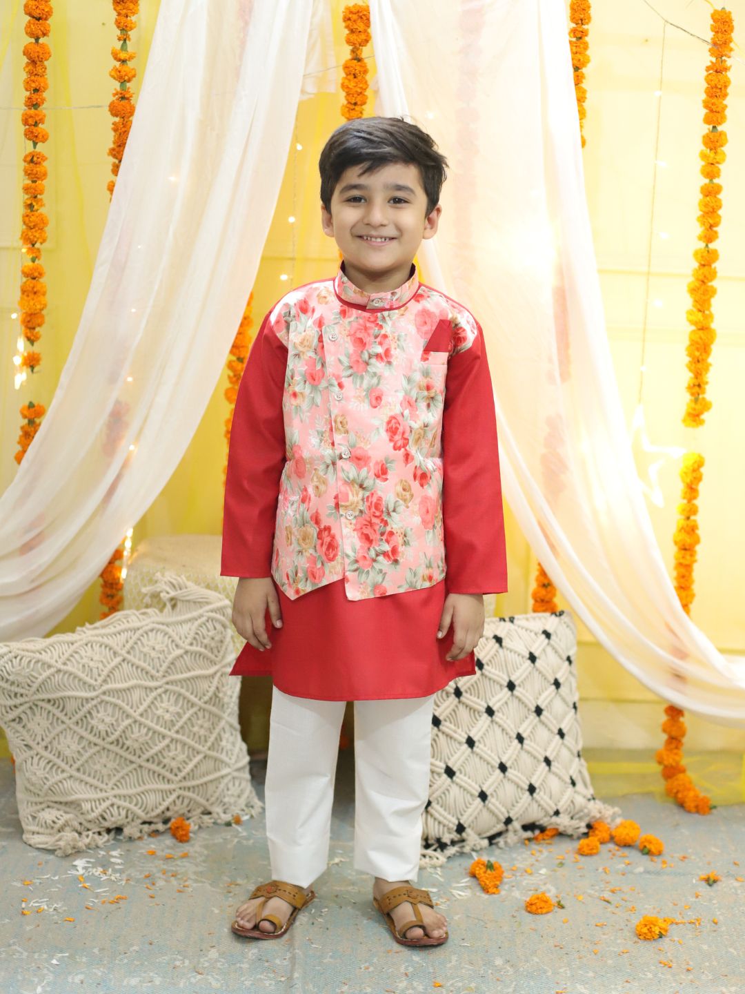 Boys Ethnic Attached Floral printed Jacket Cotton Kurta Pajama -Red NOZ2TOZ - Made In INDIA.
