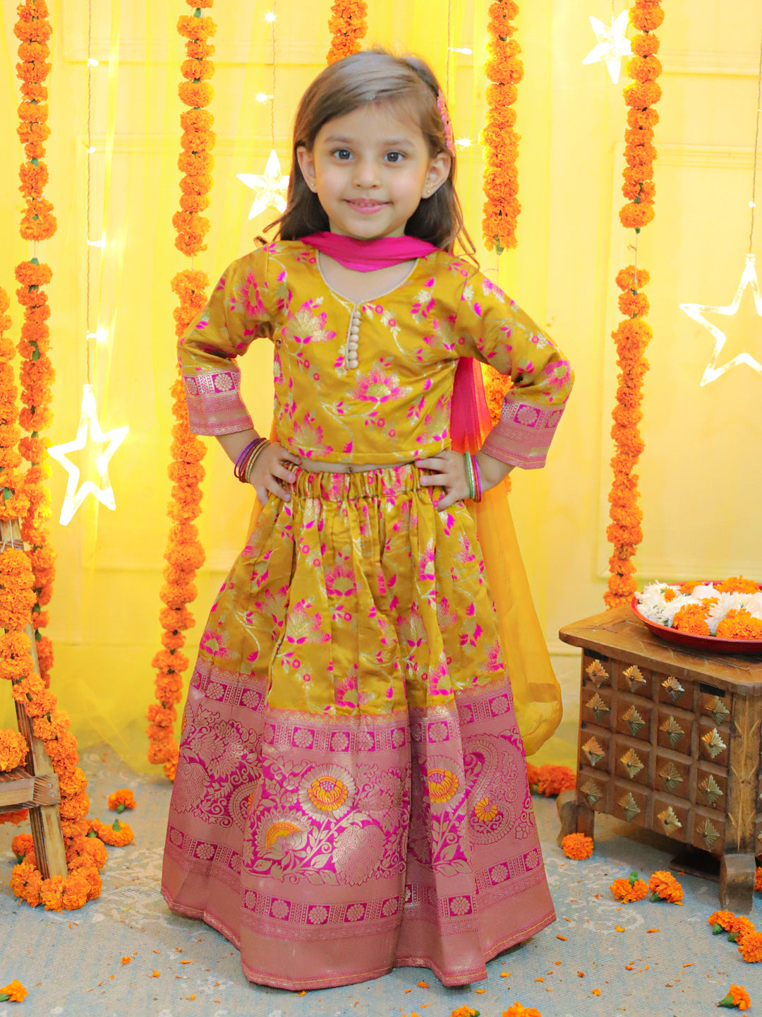 Girls Ethic Traditional Indian Festive Jacquard Choli Lehenga Choli with Dupatta- Yellow NOZ2TOZ - Made In INDIA.