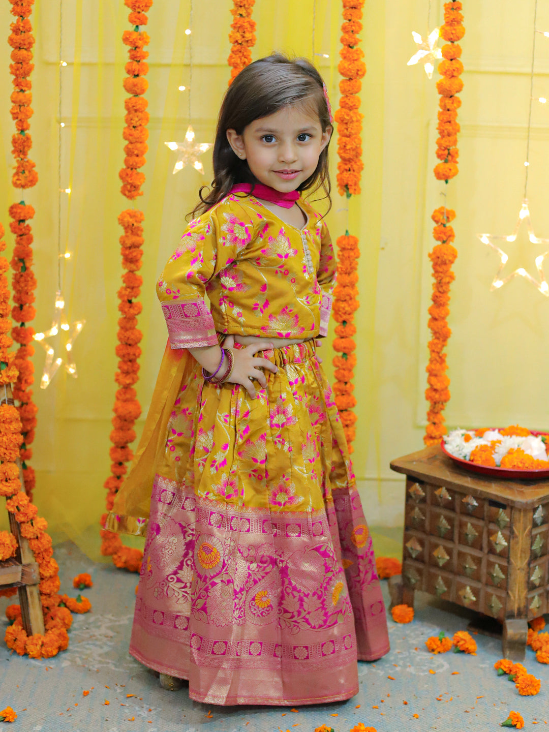 Girls Ethic Traditional Indian Festive Jacquard Choli Lehenga Choli with Dupatta- Yellow NOZ2TOZ - Made In INDIA.