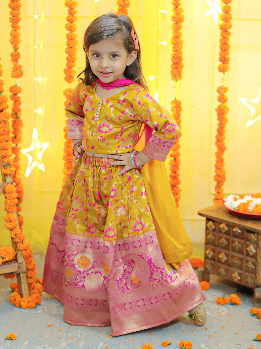 Girls Ethic Traditional Indian Festive Jacquard Choli Lehenga Choli with Dupatta- Yellow NOZ2TOZ - Made In INDIA.