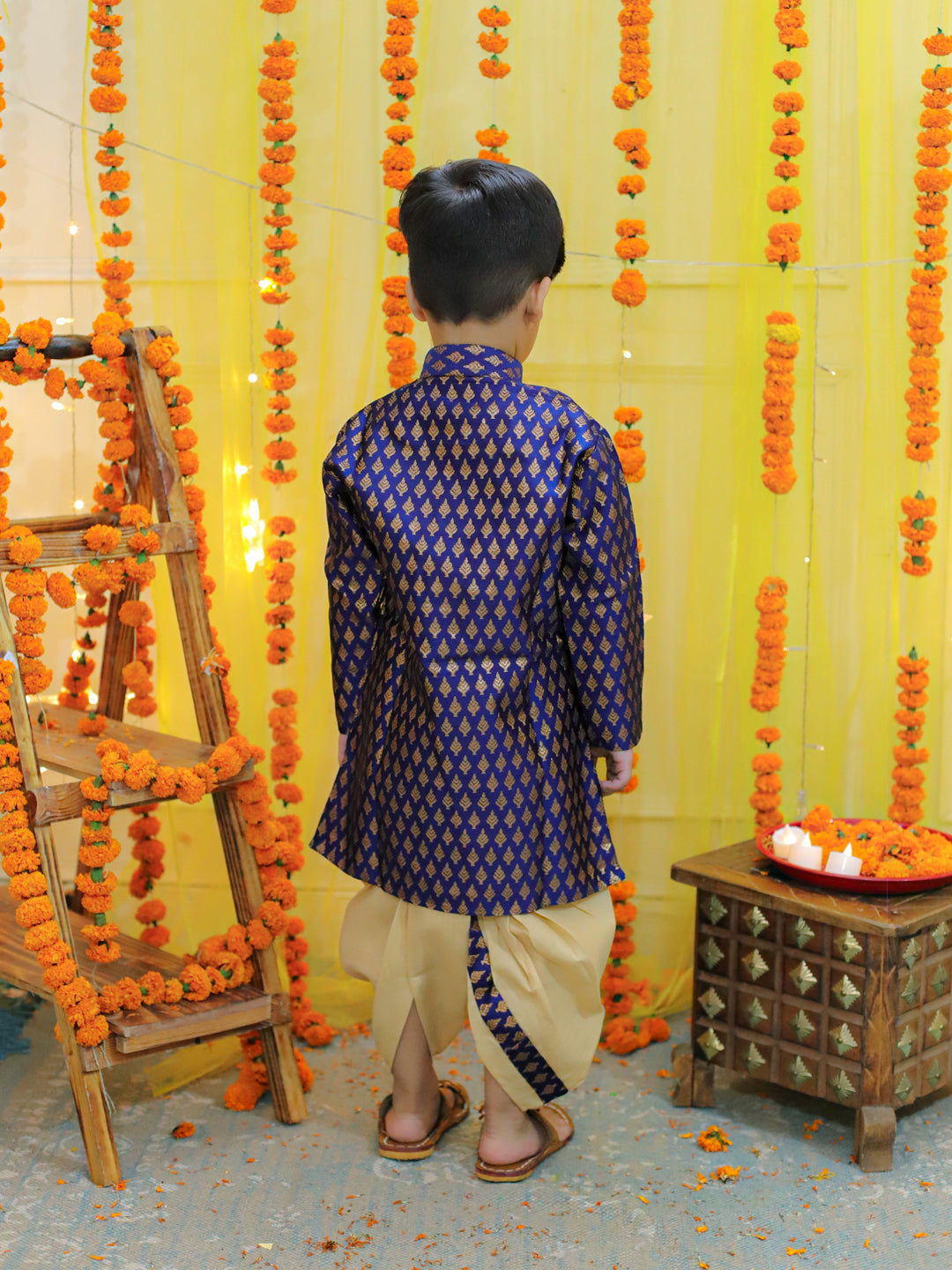 Boys Ethnic Festive Wear Jacquard Full Sleeve Sherwani with Dhoti - Blue NOZ2TOZ - Made In INDIA.