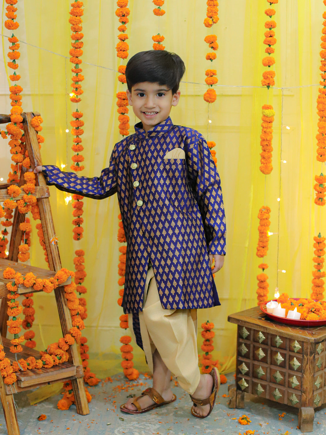 Boys Ethnic Festive Wear Jacquard Full Sleeve Sherwani with Dhoti - Blue NOZ2TOZ - Made In INDIA.