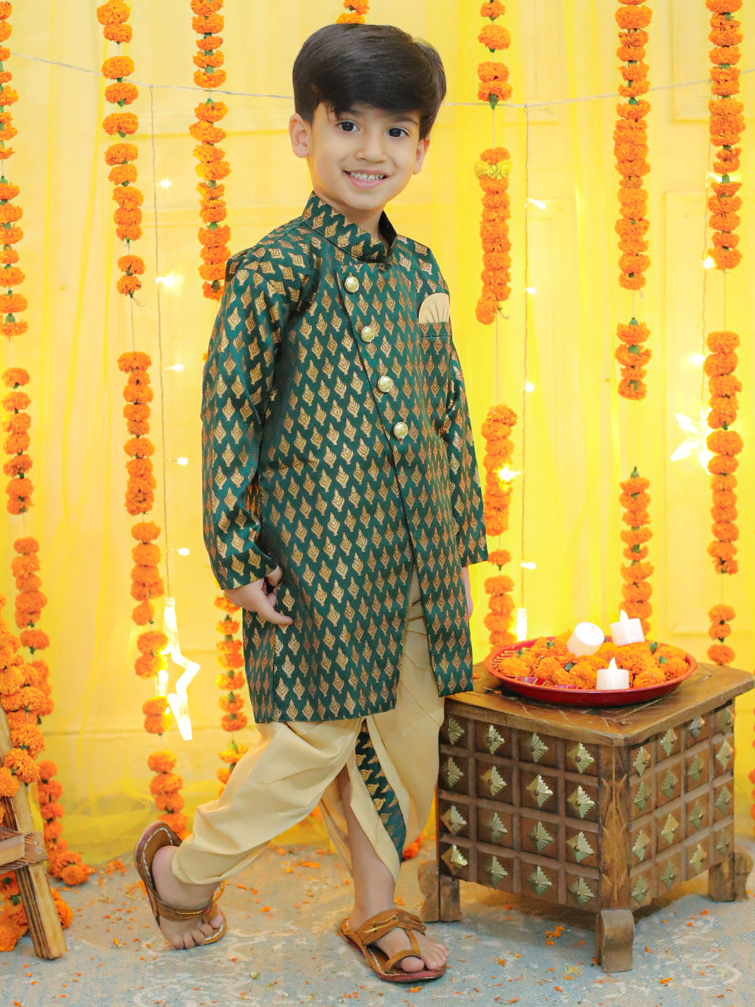 Boys Ethnic Festive Wear Jacquard Full Sleeve Sherwani with Dhoti - Green NOZ2TOZ - Made In INDIA.