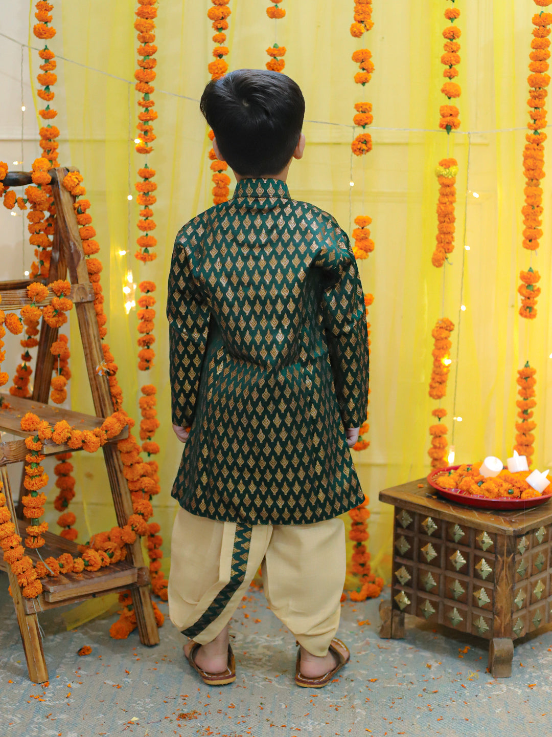 Boys Ethnic Festive Wear Jacquard Full Sleeve Sherwani with Dhoti - Green NOZ2TOZ - Made In INDIA.