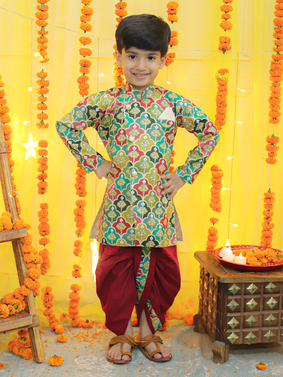 Boys Ethnic Festive Floral Printed Full Sleeve Sherwani with Cotton Dhoti - Multi NOZ2TOZ - Made In INDIA.