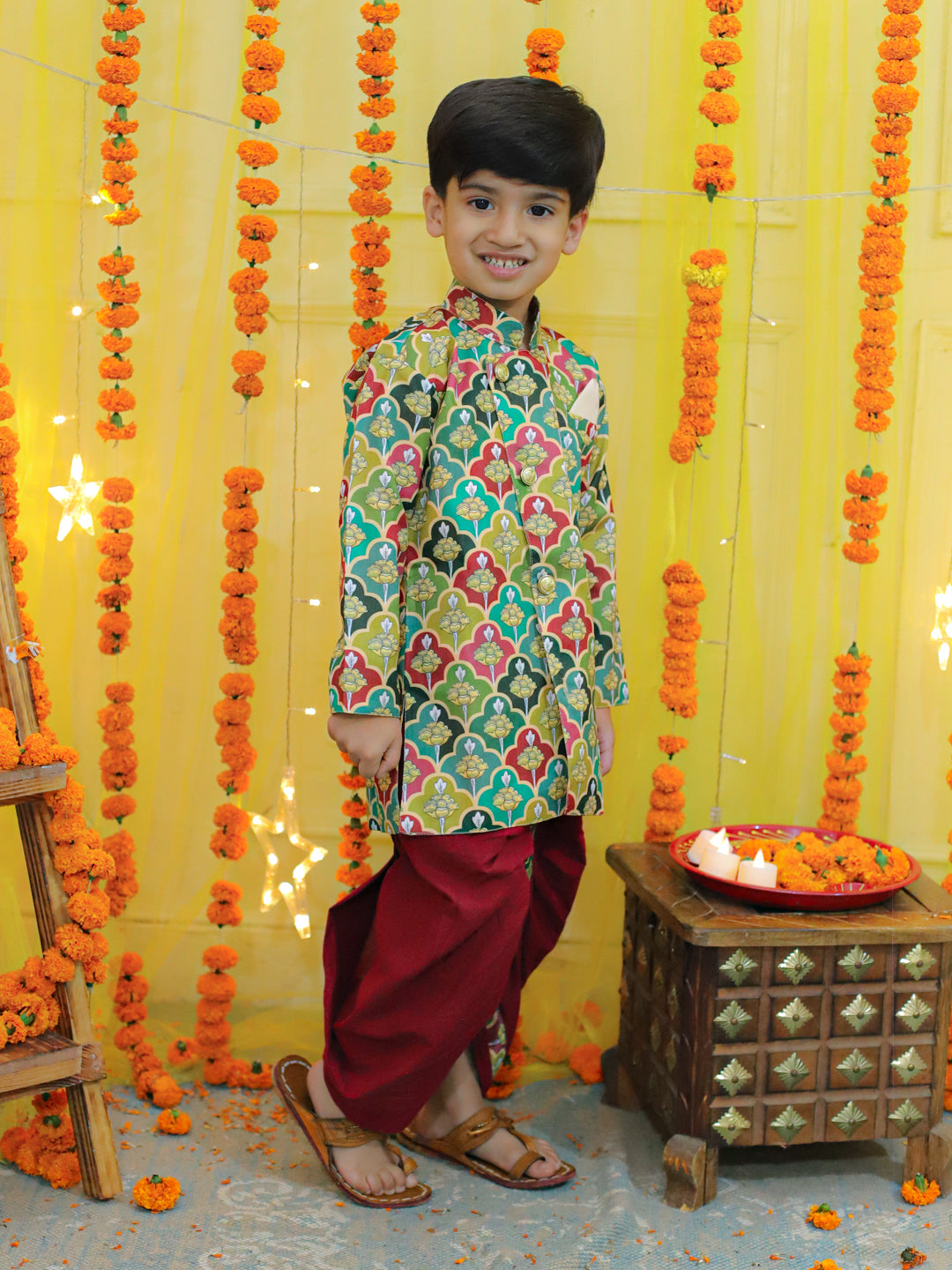 Boys Ethnic Festive Floral Printed Full Sleeve Sherwani with Cotton Dhoti - Multi NOZ2TOZ - Made In INDIA.