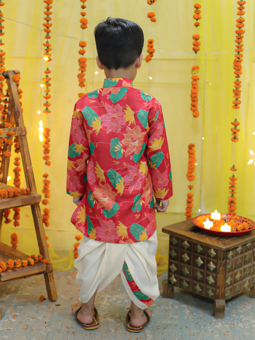 Boys Ethnic Festive Floral Printed Full Sleeve Sherwani with Cotton Dhoti - Pink NOZ2TOZ - Made In INDIA.