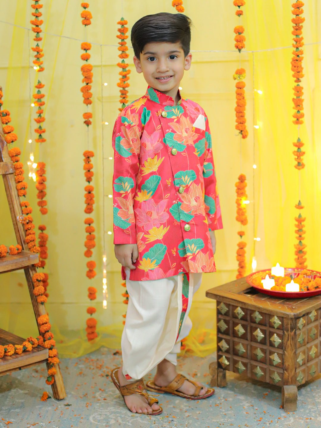 Boys Ethnic Festive Floral Printed Full Sleeve Sherwani with Cotton Dhoti - Pink NOZ2TOZ - Made In INDIA.