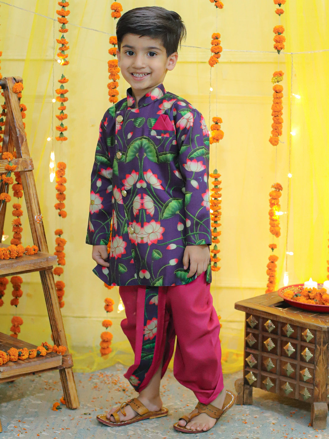 Boys Ethnic Festive Floral Printed Full Sleeve Sherwani with Cotton Dhoti -Purple NOZ2TOZ - Made In INDIA.