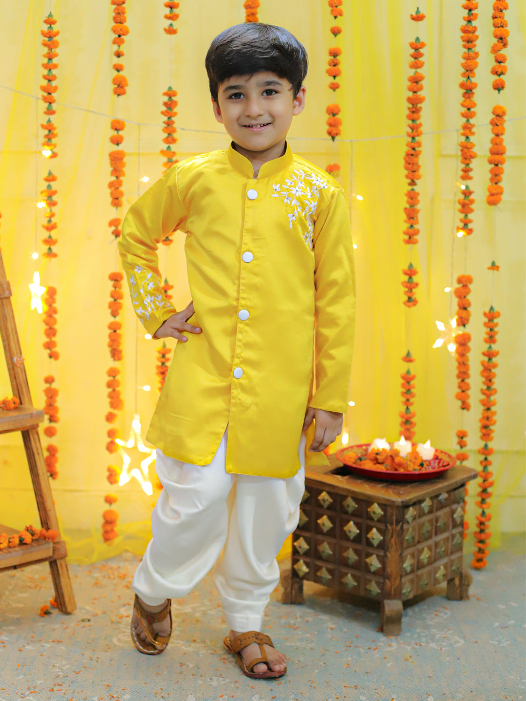 Boys Ethnic Festive Wear Hand Embroidered Jam Cotton Sherwani Salwar - Yellow NOZ2TOZ - Made In INDIA.