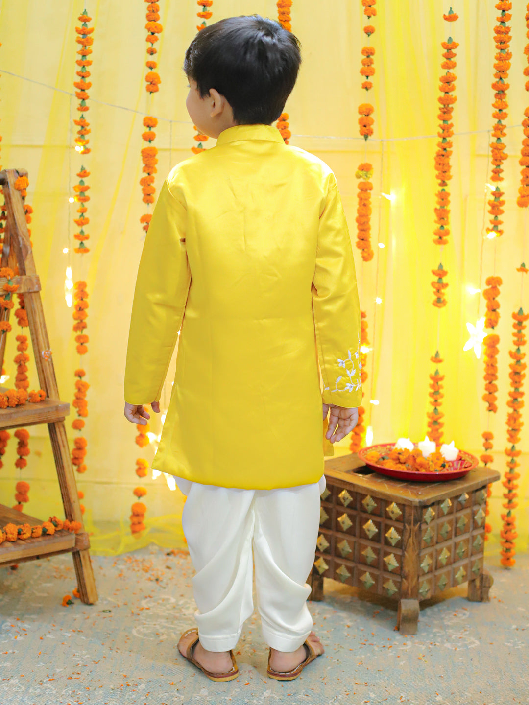 Boys Ethnic Festive Wear Hand Embroidered Jam Cotton Sherwani Salwar - Yellow NOZ2TOZ - Made In INDIA.