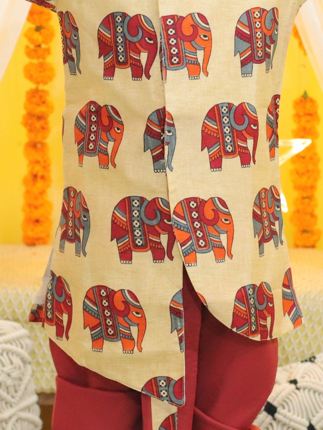 Boys Ethnic Hathi Print Full Sleeve Sherwani - Red NOZ2TOZ - Made In INDIA.