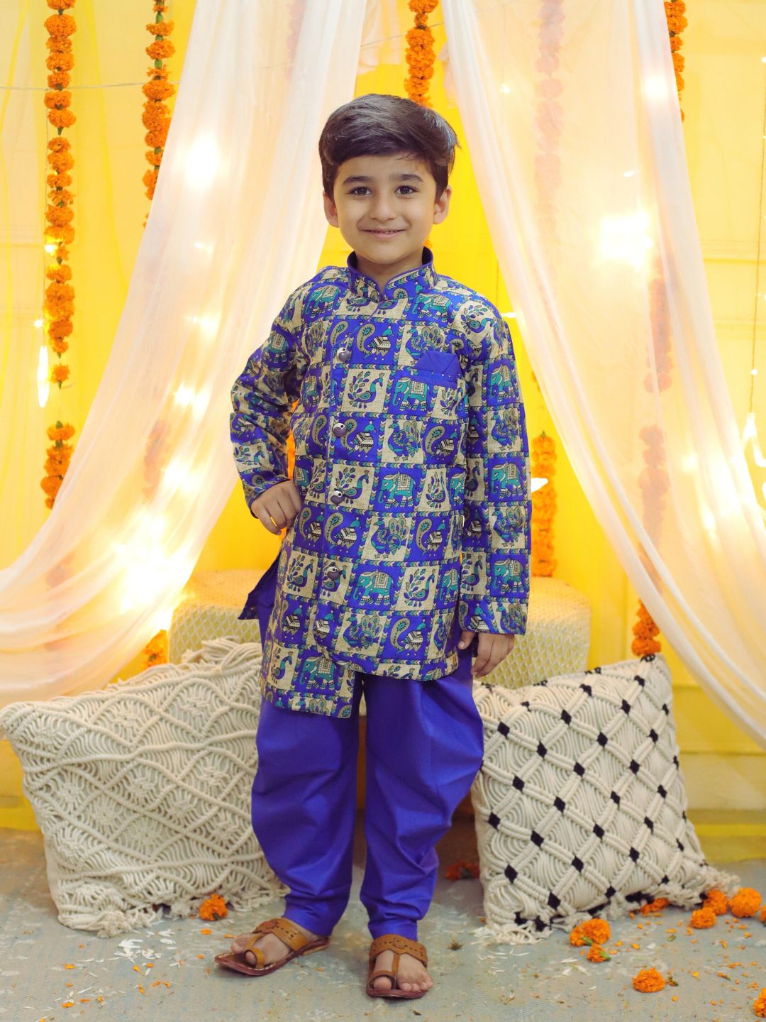 Boys Ethnic Mor Print Full Sleeve Sherwani with Salwar - Blue NOZ2TOZ - Made In INDIA.