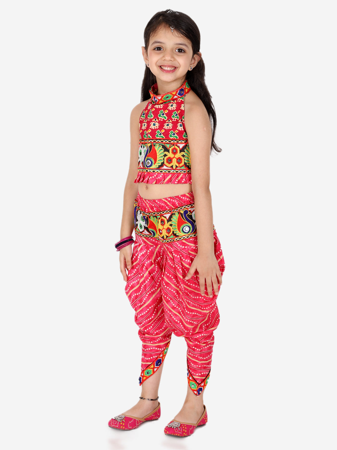 Ethnic Festive Wear Girls Halter Neck Printed Cotton Choli With Dhoti Indo Western Clothing Sets-Pink NOZ2TOZ - Made In INDIA.