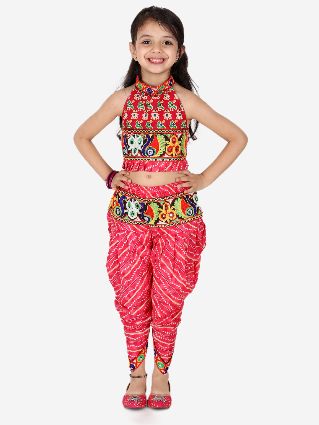 Ethnic Festive Wear Girls Halter Neck Printed Cotton Choli With Dhoti Indo Western Clothing Sets-Pink NOZ2TOZ - Made In INDIA.