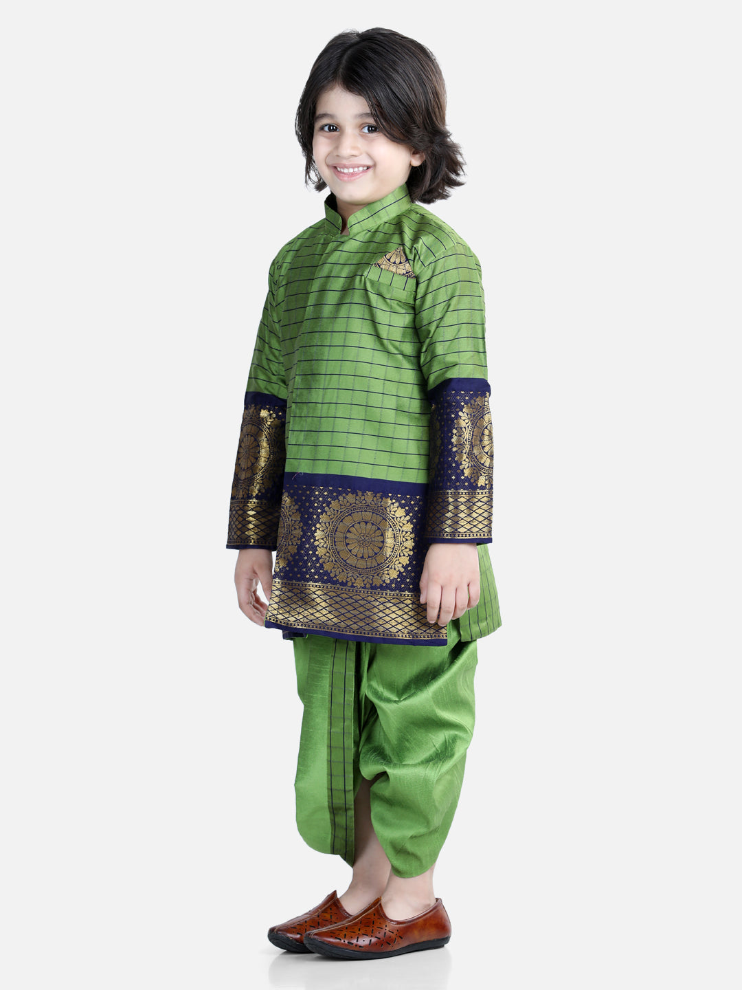 Full Sleeve Silk Border Sherwani Dhoti Sets for Boys- Green NOZ2TOZ - Made In INDIA.