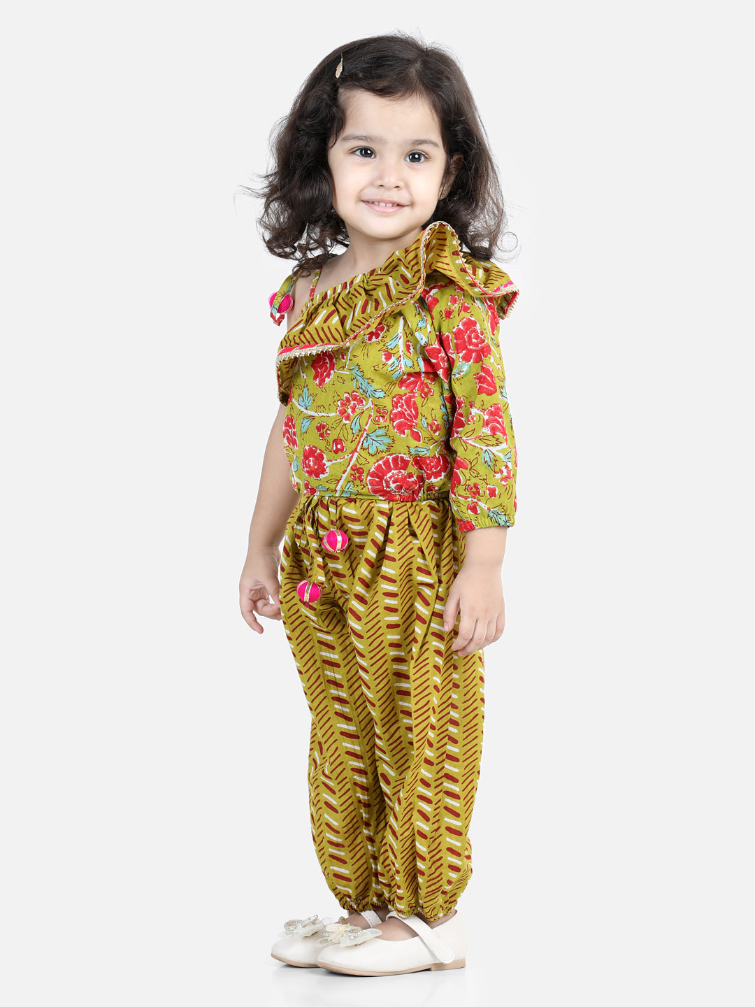 Girls Printed One Sleeve Ruffle Pure Cotton Top with Harem pant Co Ords Indo Western Clothing Sets - Green NOZ2TOZ - Made In INDIA.