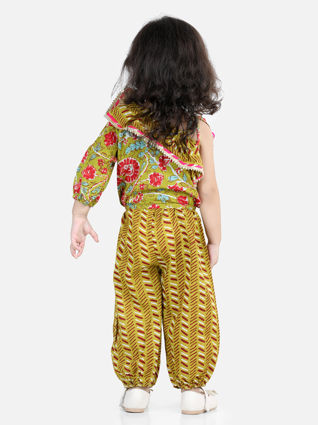 Girls Printed One Sleeve Ruffle Pure Cotton Top with Harem pant Co Ords Indo Western Clothing Sets - Green NOZ2TOZ - Made In INDIA.