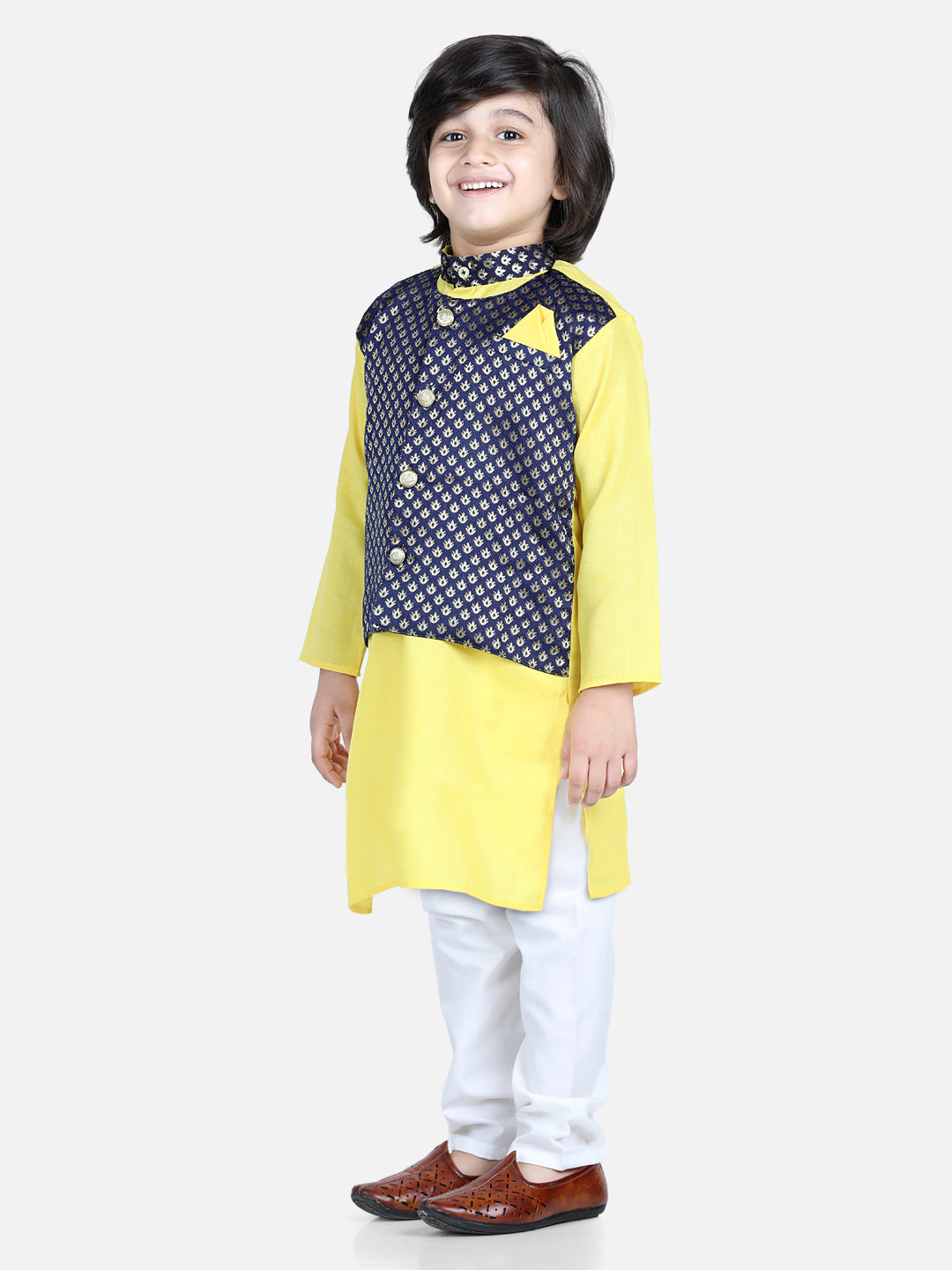 Attached Jacquard Jacket Kurta Pajama for Boys- Yellow NOZ2TOZ - Made In INDIA.