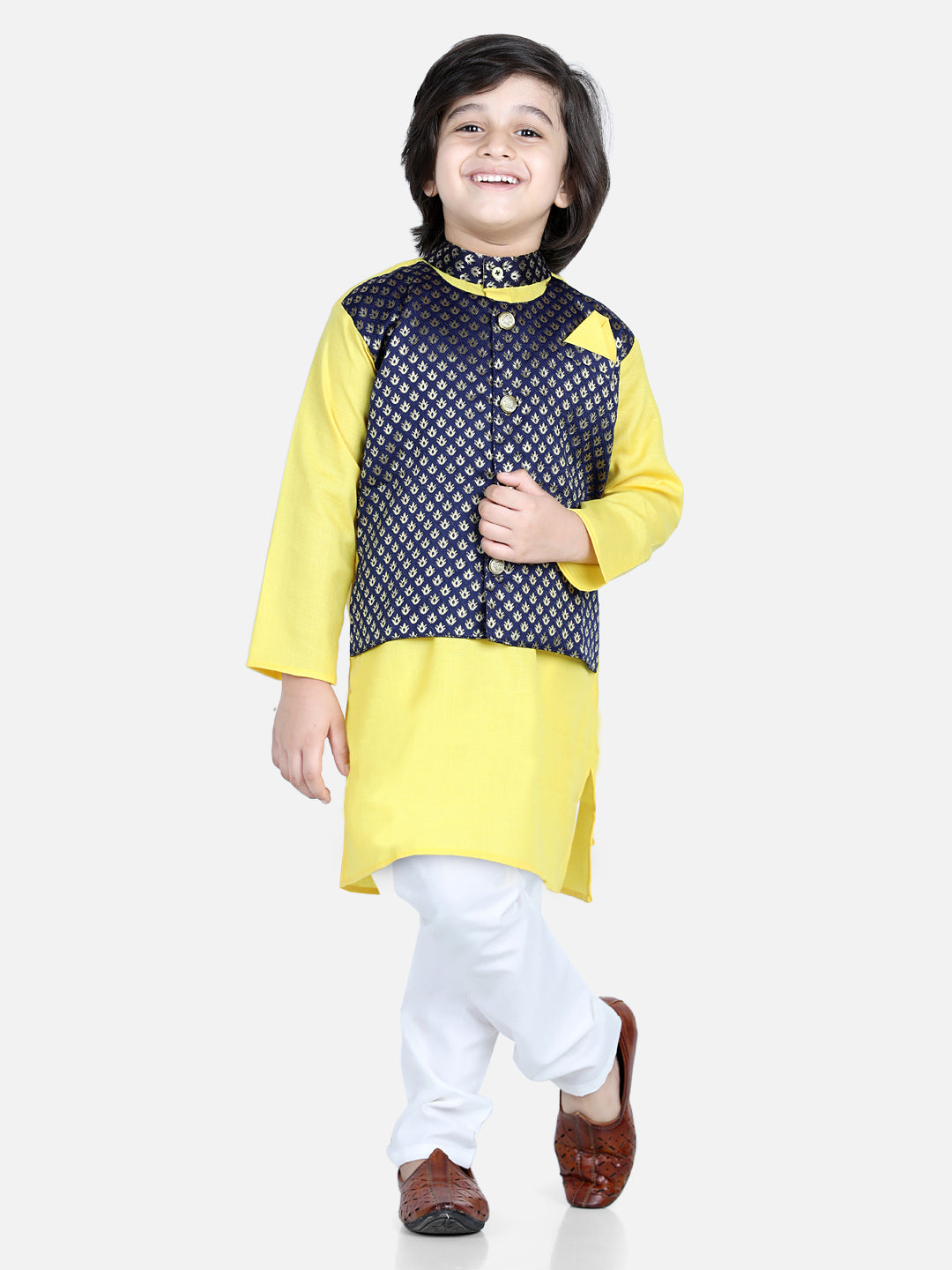 Attached Jacquard Jacket Kurta Pajama for Boys- Yellow NOZ2TOZ - Made In INDIA.